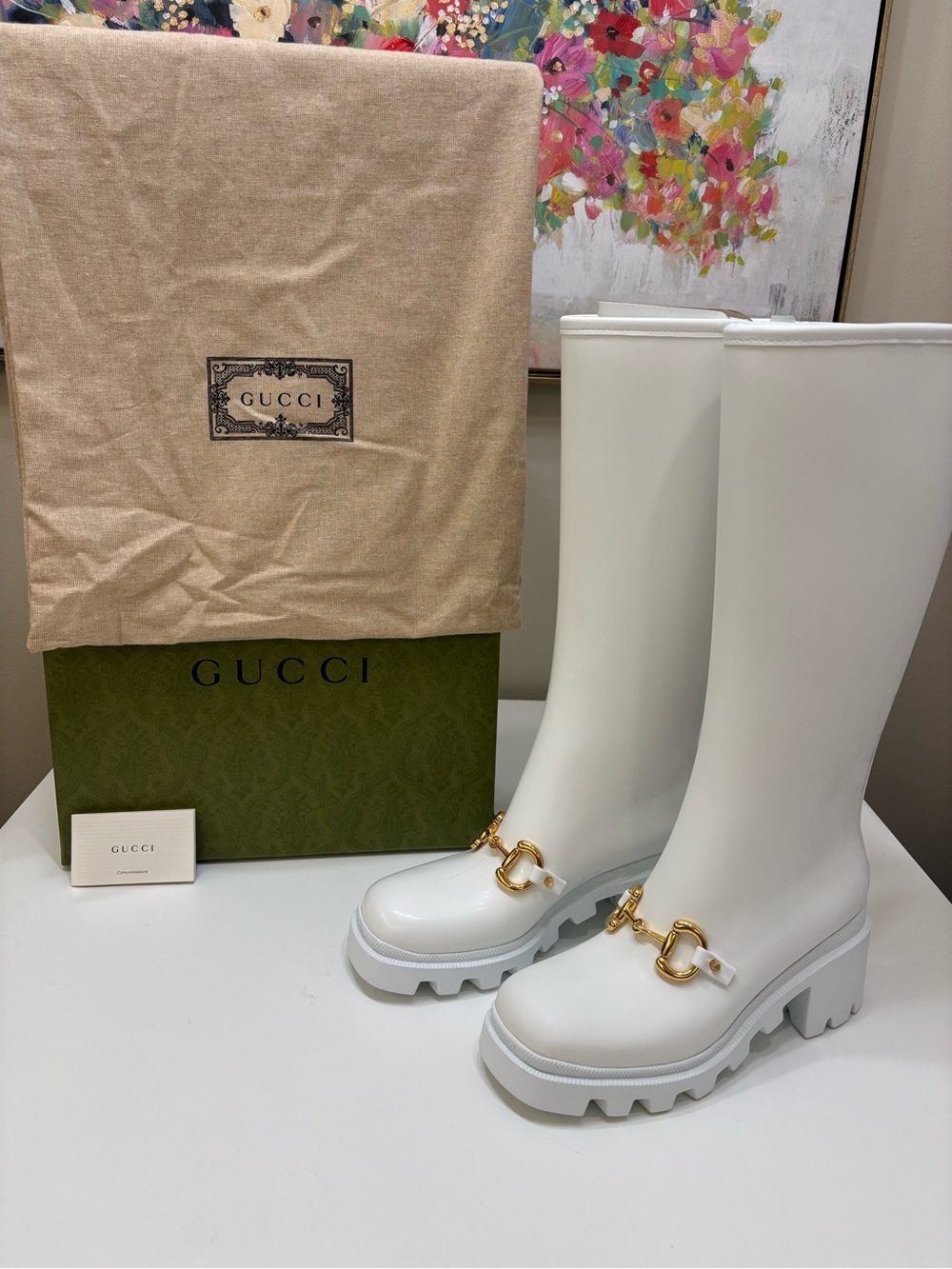 Gucci Horsebit Rubber Knee-High Rain Boots White Lug Sole 38